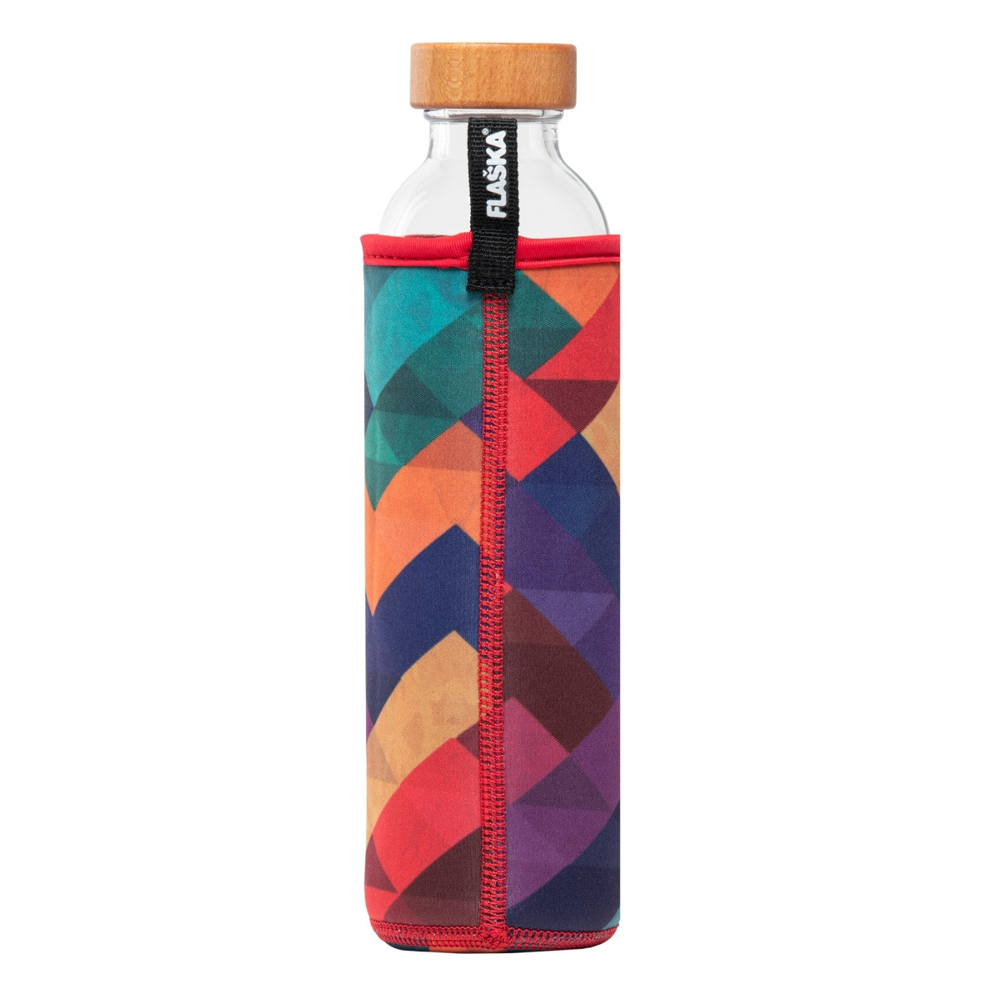 rückansicht der wiederverwendbaren flaska glasflasche mit neopren schutzhülle und geometrischen formen design in verschiedenen farben