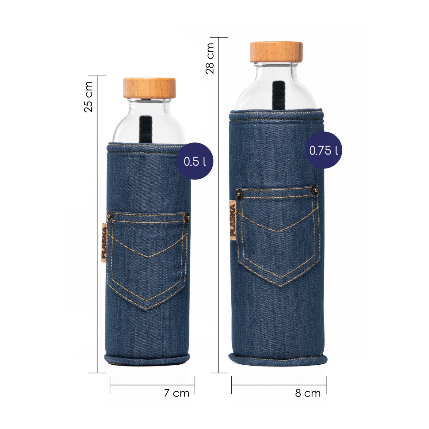dimensionen der wiederverwendbaren flaska glasflasche mit jeans schutzhülle im jeans design
