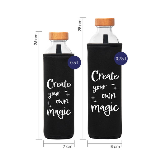 dimensionen der flaska glaswasserflasche mit schwarzer neopren schutzhülle und magische wörter design