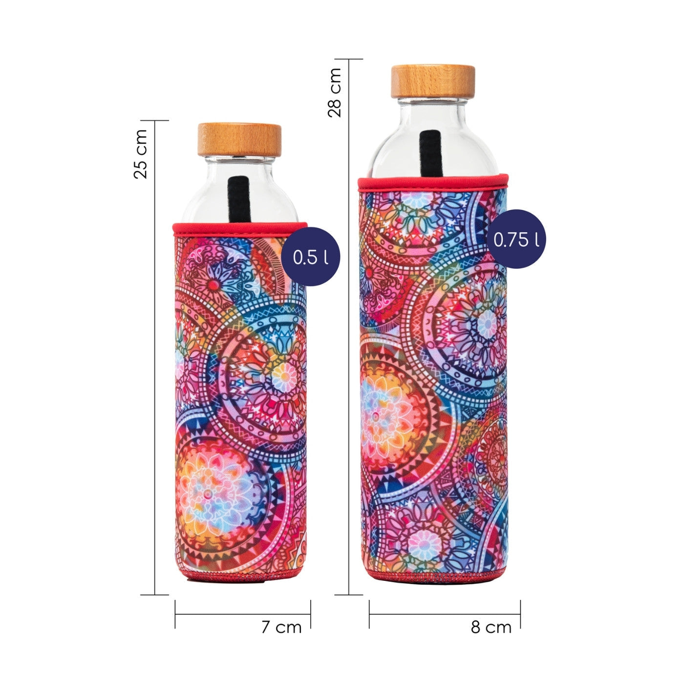 dimensionen der wiederverwendbaren flaska glasflasche mit roter neopren schutzhülle mit mandalas design
