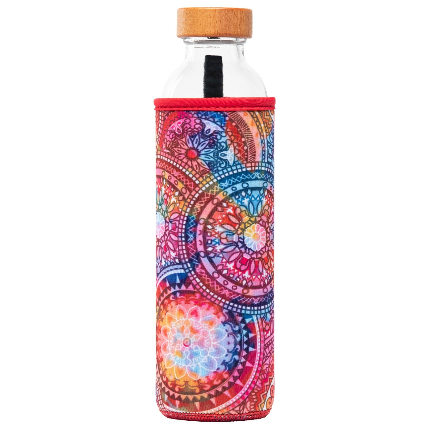 flaska wiederverwendbare glasflasche mit roter neopren schutzhülle mandalas design