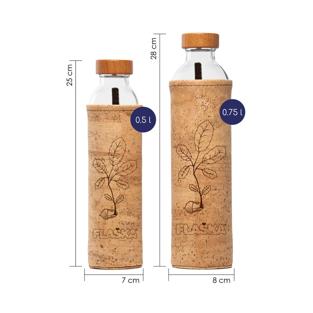 flaska glasflasche mit kork schutzhülle und korkeichenblatt design