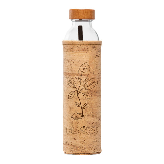 flaska glasflasche mit kork schutzhülle und korkeichenblatt design