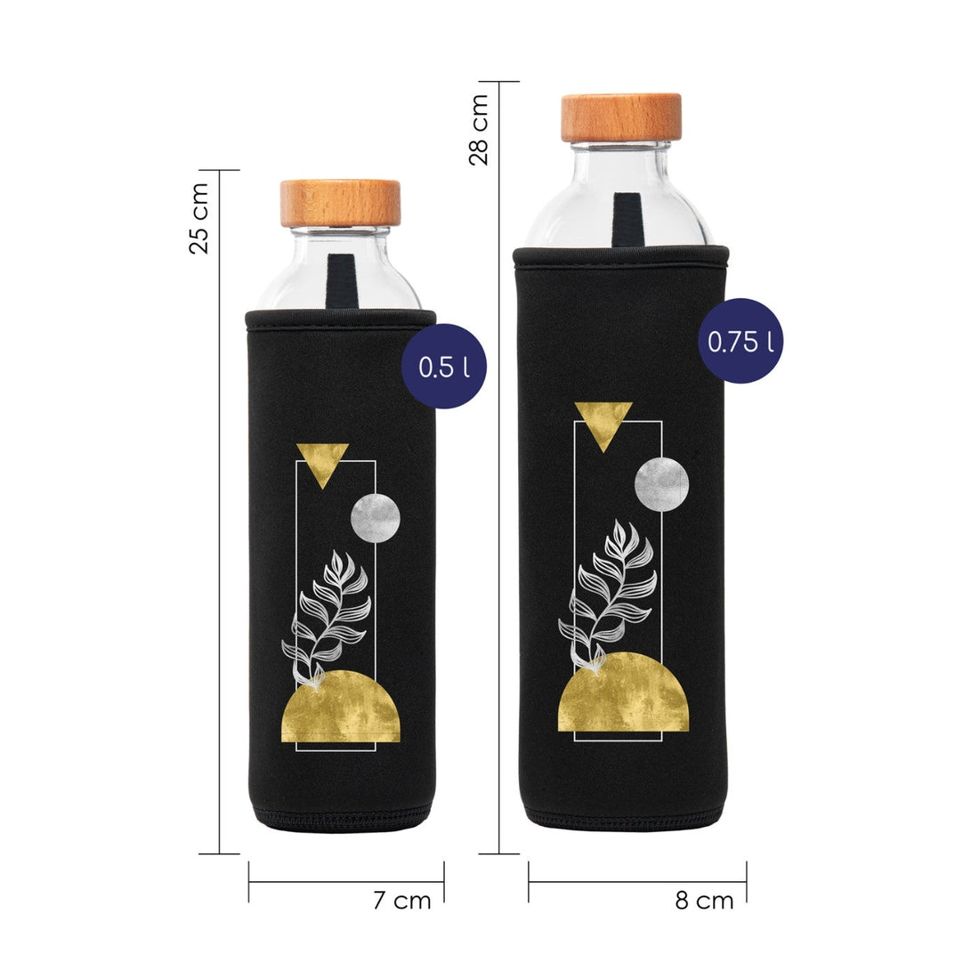 flaska glasflasche mit schwarzer neopren schutzhülle und universum formen design