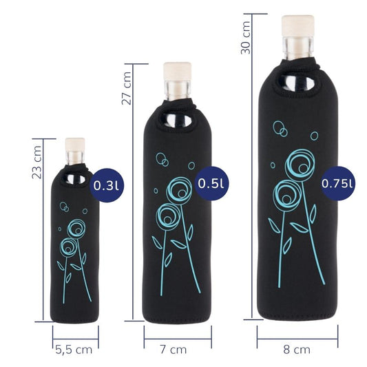 dimensionen der flaska mehrweg glasflasche mit schwarzer neopren schutzhülle und löwenzahn blüten motiv