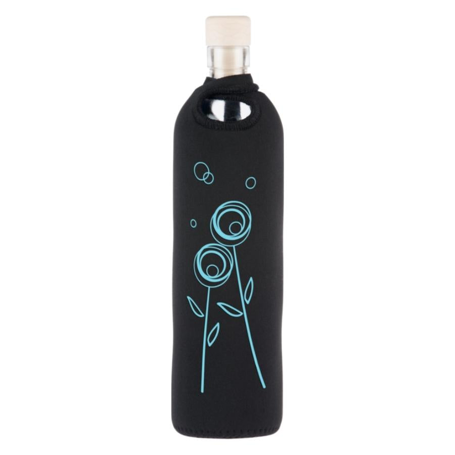 flaska wiederverwendbare glasflasche mit schwarzer neopren schutzhülle und löwenzahn blütenmotiv