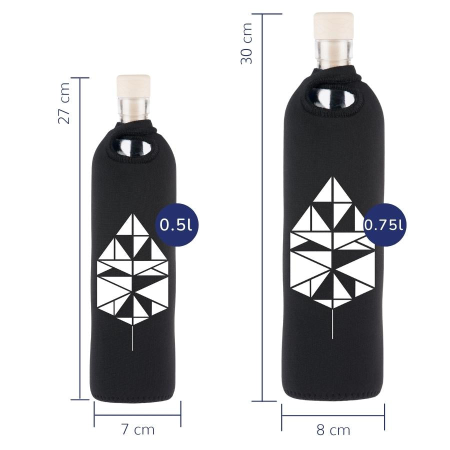 dimensionen der wiederverwendbaren flaska glasflasche mit schwarzer neopren schutzhülle und tangram design