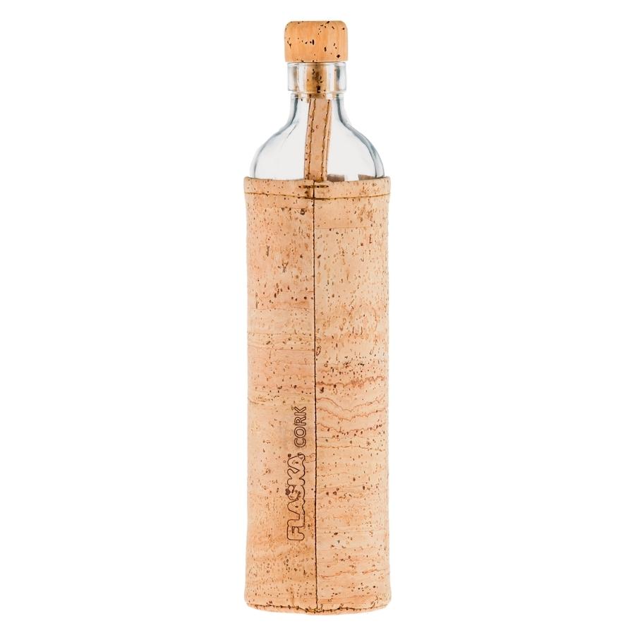 rückansicht der flaska wiederverwendbaren glasflasche mit kork schutzhülle und kork eichenblatt-design