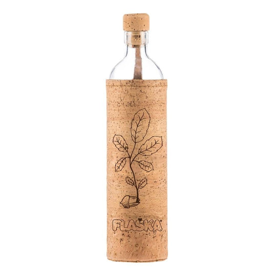 wiederverwendbare flaska glasflasche mit kork schutzhülle und kork eichenblatt design